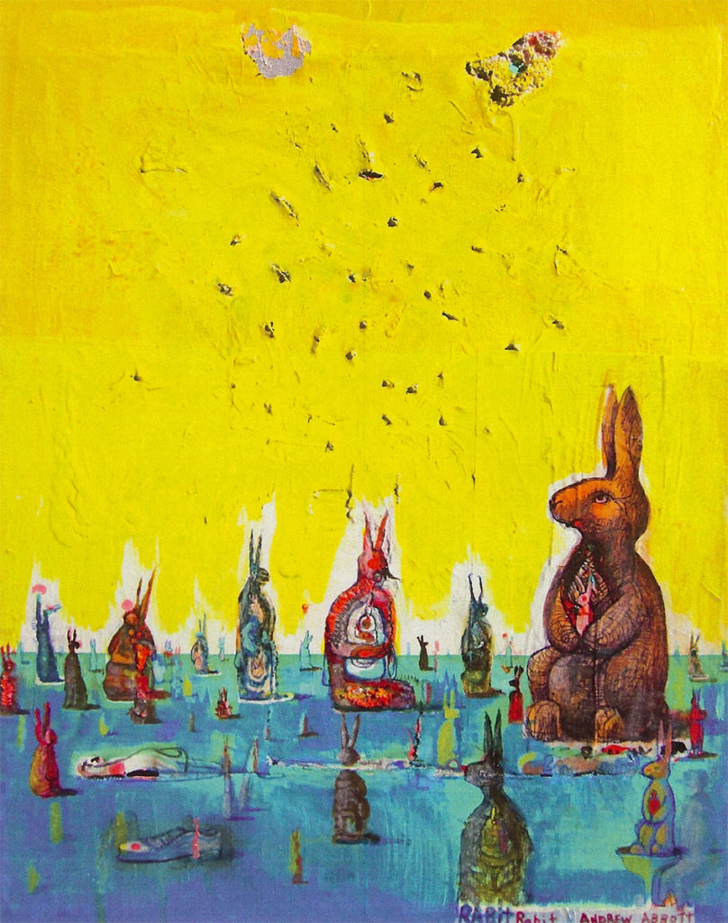 rabit rabit, acrylic & mixed media on paper by Andrew Abbott