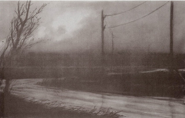 Norman Lundin, Rural Road at Night, 14inch x 22inch, charcoal