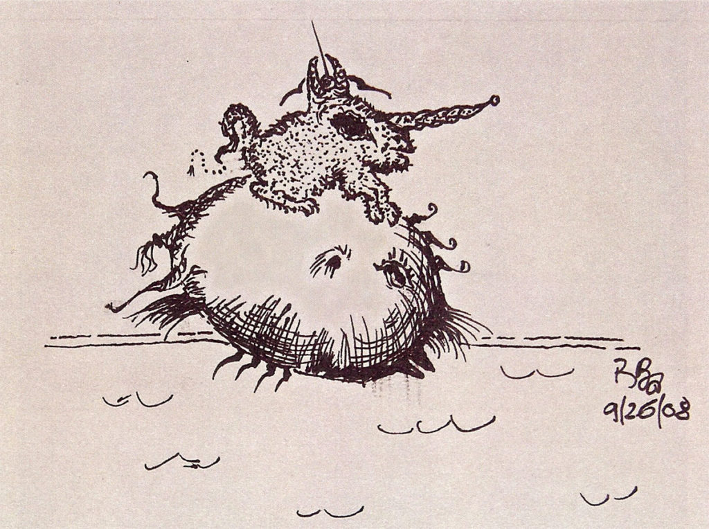 Gargoyle Goat Takes the Blowfish Taxi to His Aqua Pasture, drawing by Ross Bachelder