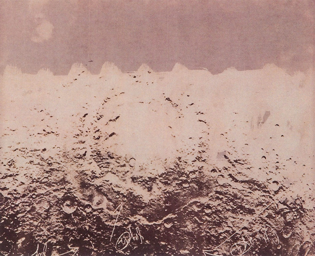Untitled (Moonscape with 3 arrows), 1964-76, verifax collage with writing, 8"x6-1/2" by Wallace Berman