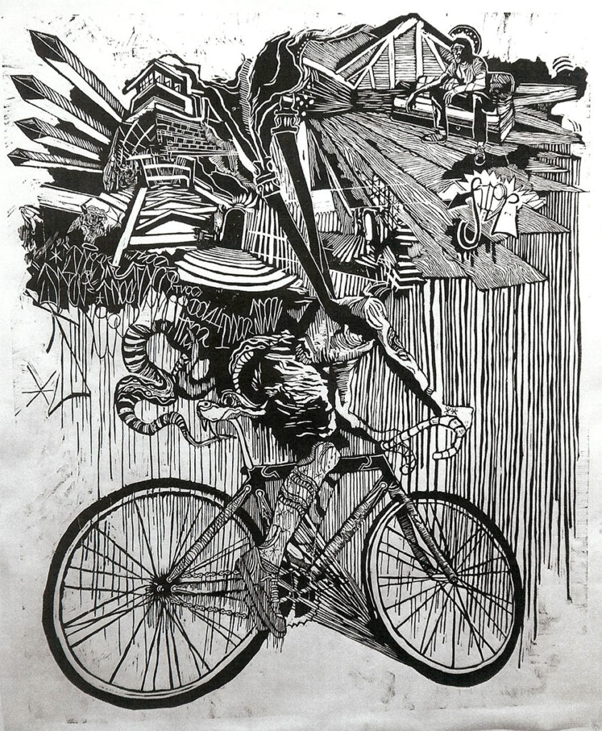 Can't Stop Won't Stop, woodcut by Kyle Bryant