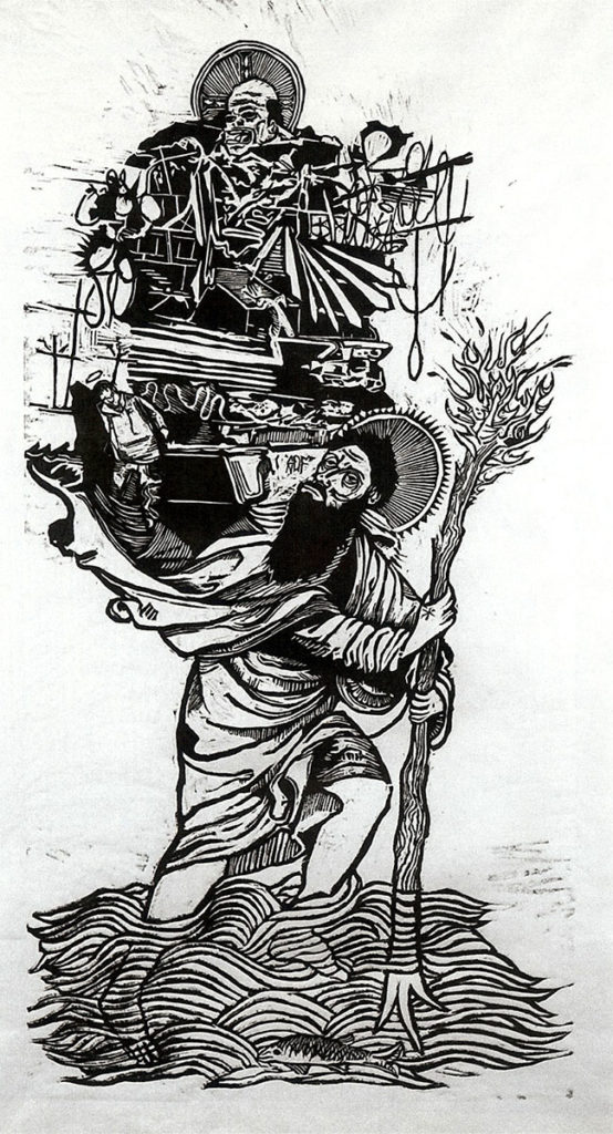 St. Christopher, woodcut by Kyle Bryant