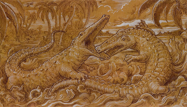 Fighting Crocodiles (detail), ink and gouache drawing 75"x18" by Stephen Burt