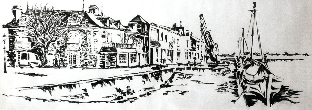 Quay Cassard Noirmoutier, pencil, brush, and ink by Michael Johnston