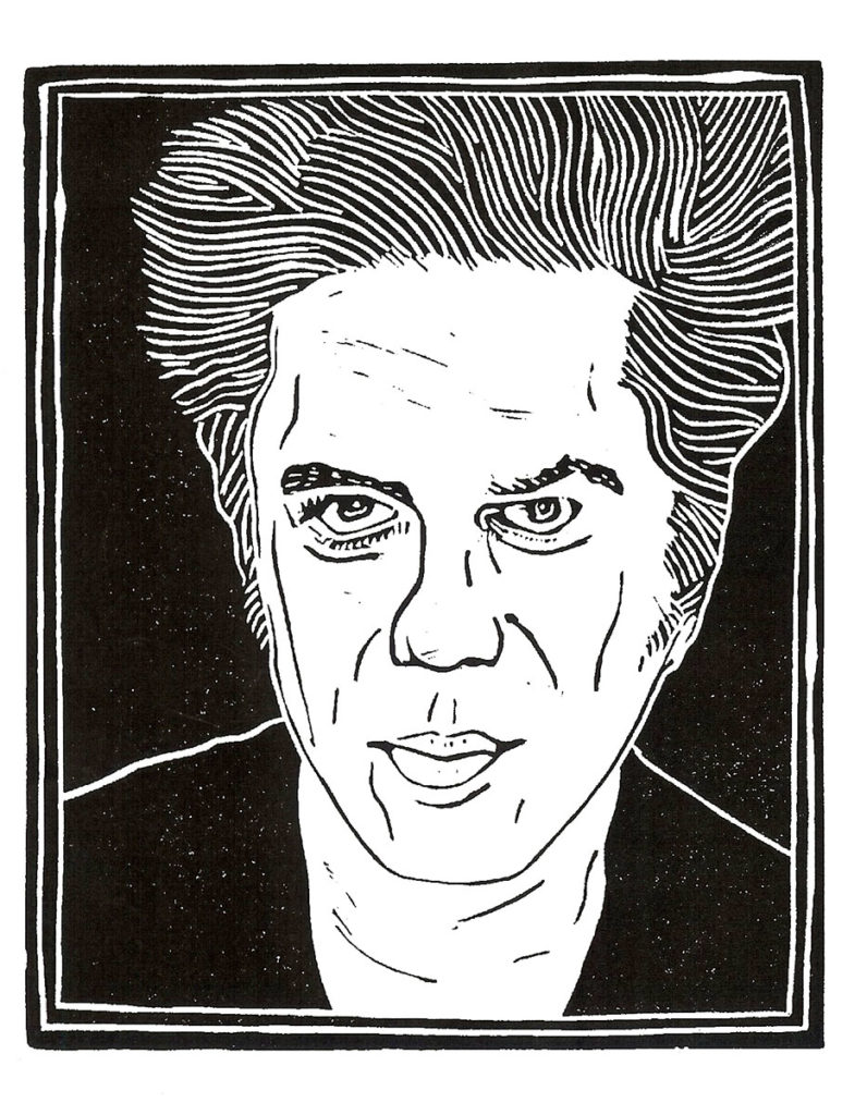 Jim Jarmusch, woodcut, by Loren Kantor