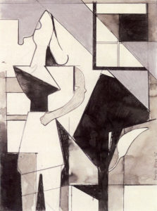 Composition w/Standing Woman 1975 Berkeley CA, 12"x9" ink etc. on paper, collection John and Sara Butler, Newton MA by George Lloyd