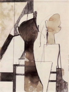 Composition w/Portrait Heads 1975 Berkeley CA, 12"x9" ink etc. on paper, collection George Marshall Store Gallery, York, ME by George Lloyd