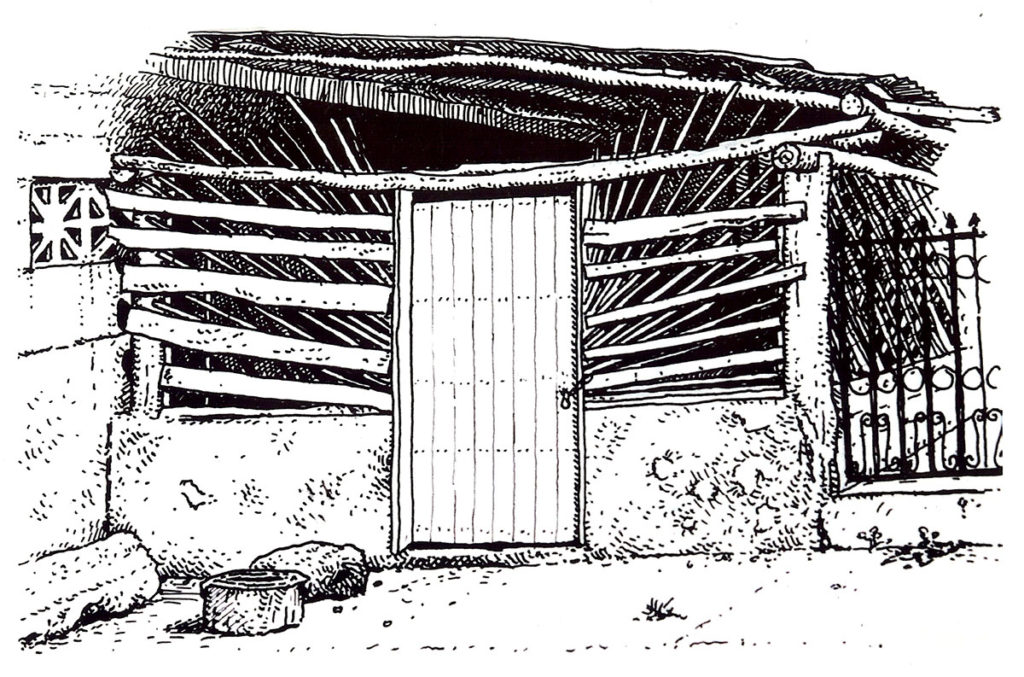 Casida facade, Bacalar, pen & ink by Brett Newburn