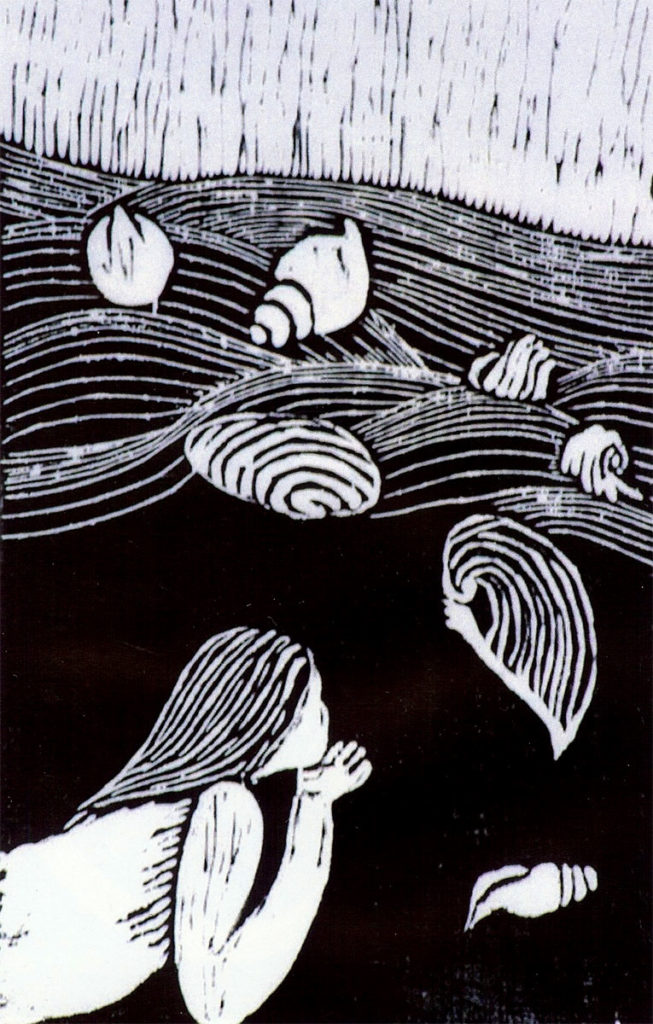 Black Sands, woodcut by Nonie O'Neill