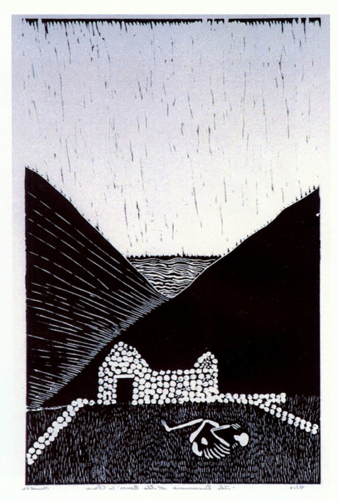The Dreaming of the Bomes, woodcut by Nonie O'Neill