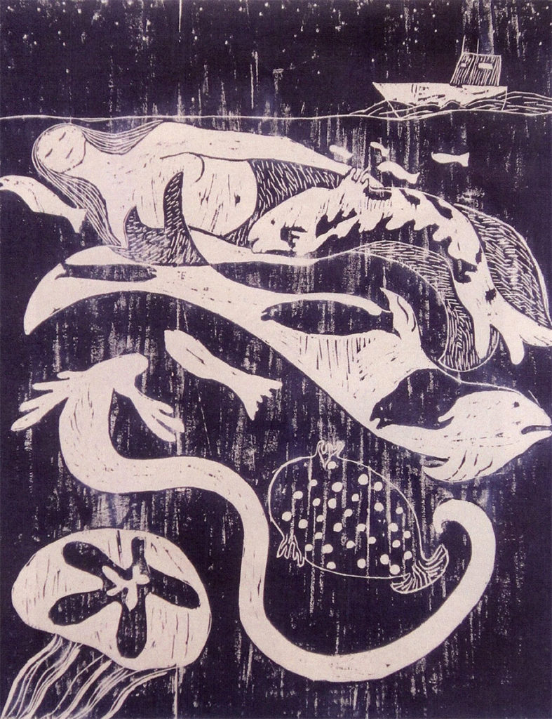Sedna, Fertility of the Sea, woodcut by Nonie O'Neill