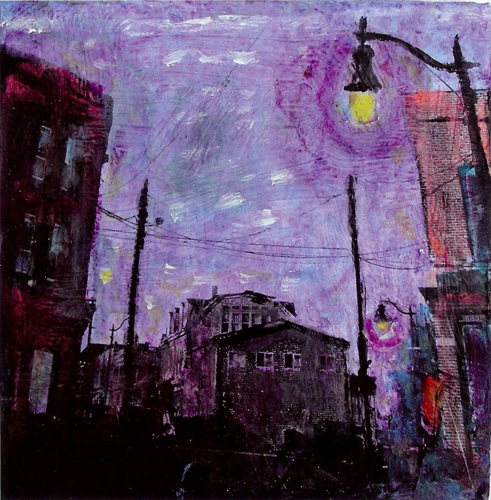 Evening Eastport, mixed media on birch wood panels, 8"x8" by Elizabeth Ostrander