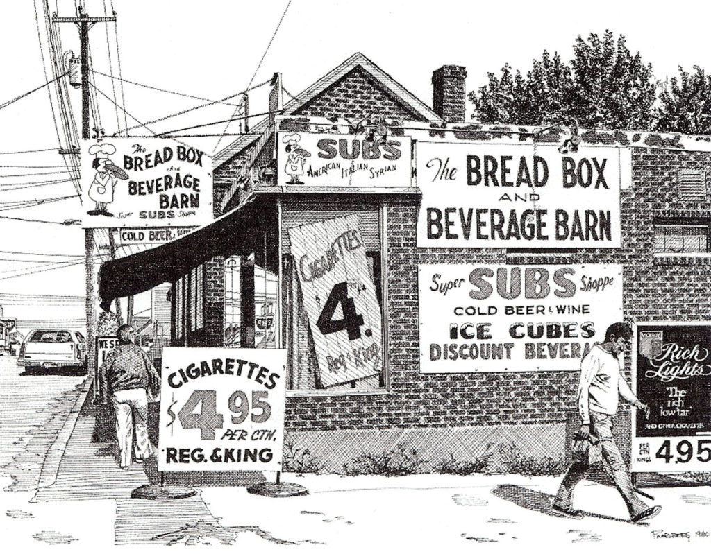 Bread Box and Beverage Barn, pen and ink drawing by Bill Paarlberg