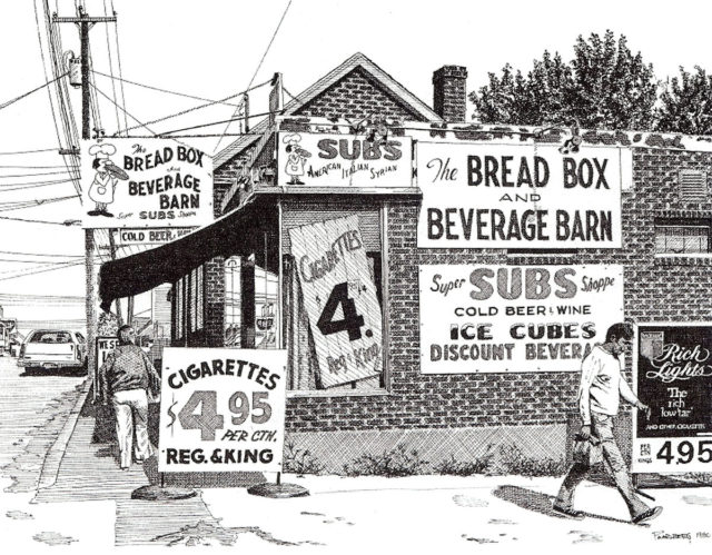 Bread Box and Beverage Barn, pen and ink drawing by Bill Paarlberg