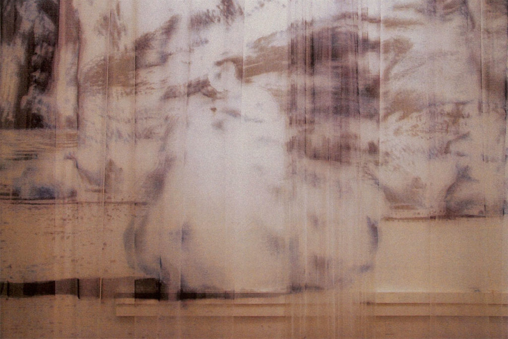 The Veil Suite, 2007, ink on pleated illusion (tulle curtains), detail from a room of wall size paintings, 14x22x28 by Izhar Patkin