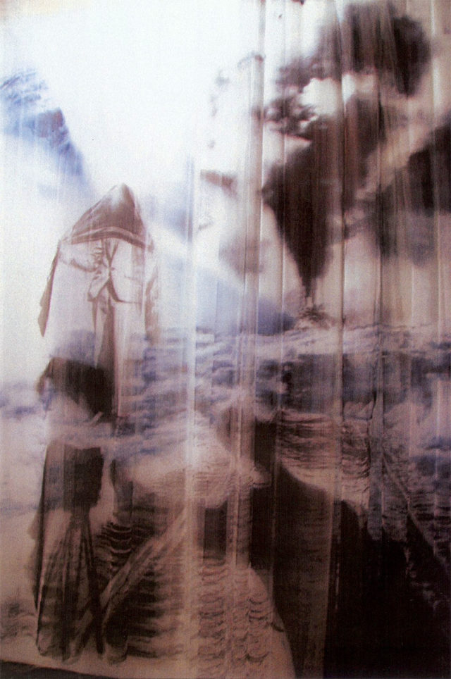 The Veil Suite, 2007, ink on pleated illusion (tulle curtains), detail from a room of wall size paintings, 14x22x28 by Izhar Patkin