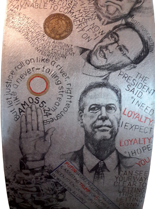 RING TRUE Comey (detail from one work titled RING TRUE) by Jackie Lima, ink on aluminum
