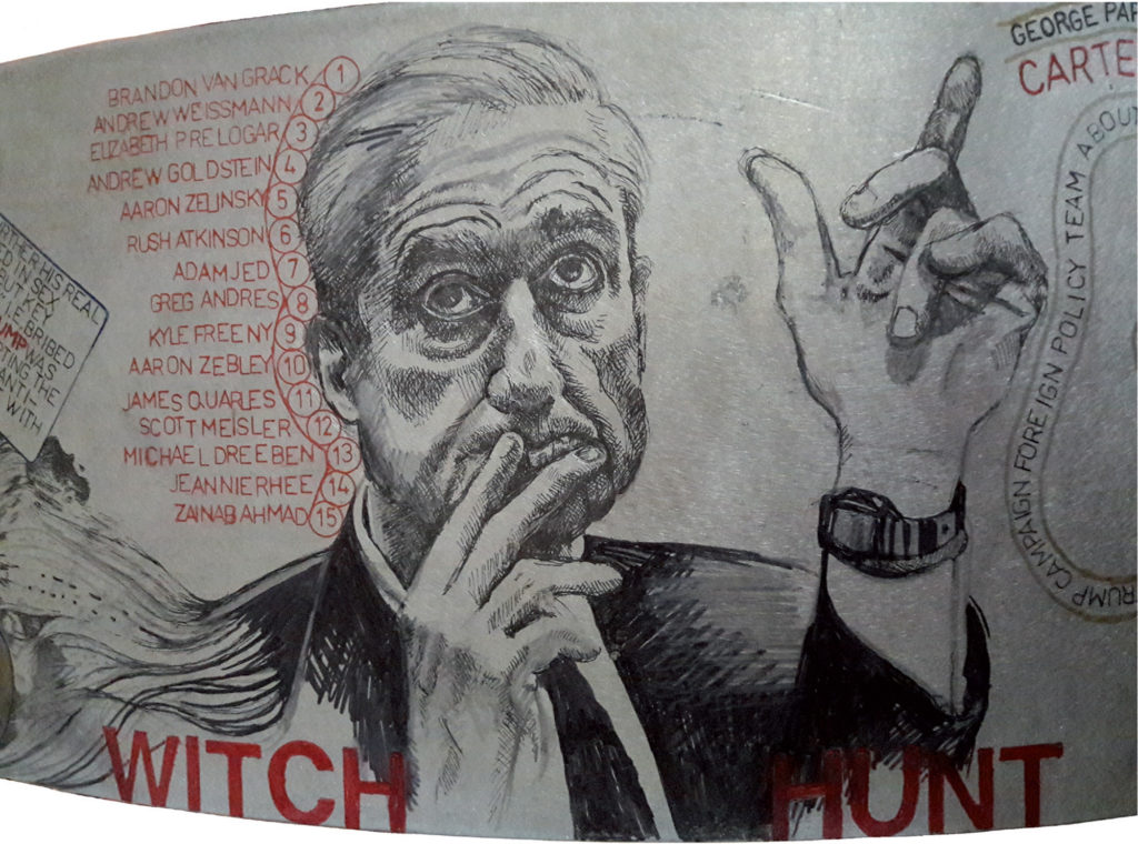 RING TRUE Witch Hunt (detail from one work titled RING TRUE) by Jackie Lima, ink on aluminum