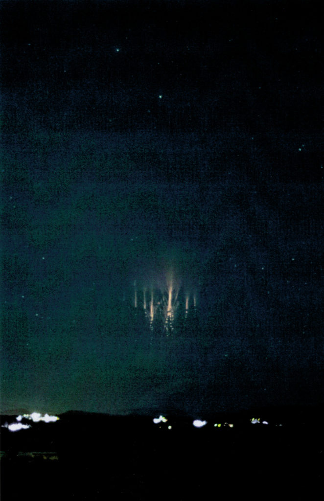 Transient Luminous Event, Jellyfish Sprite over southwestern Kansas, by Thomas Ashcraft, Observatory of Heliotown, June 16, 2013, 0445:31 UTC, near-infrared photograph