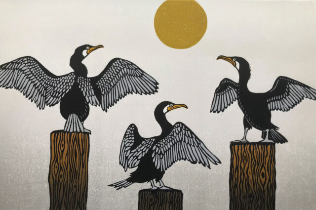 Dark Angels, by Leslie Moore, 2022, Linocut, 12 x 18 inches