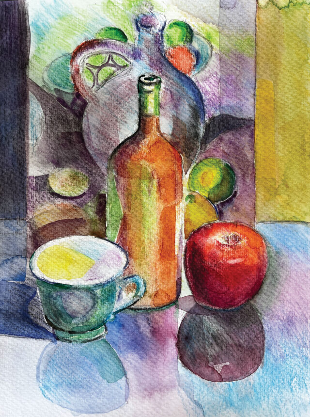 Morning Still Life, by Clyde Semier, 2022, Watercolor pencils and watercolor, 9 x 12 inches