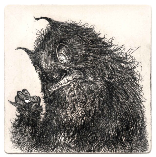 Beast by Steve Doogan, 2015, Hard ground etching on copper plate, 12cm x 12cm