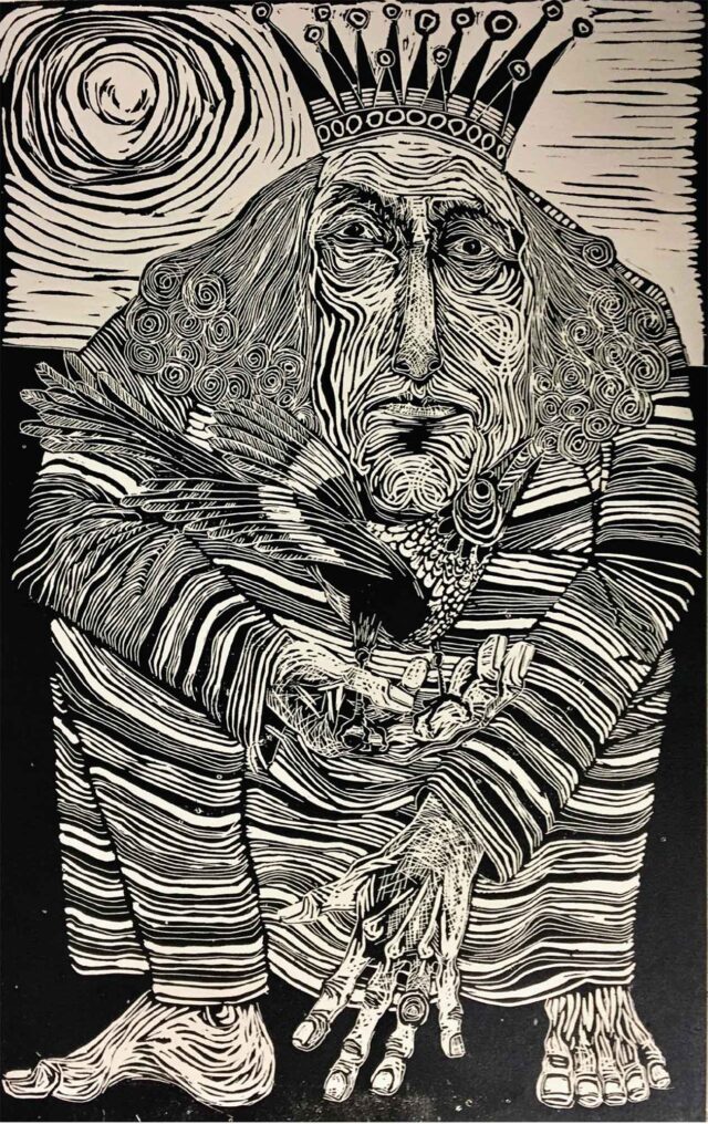 King Salomon and a bird by Gilead Tadmor, 2021, Linoleum cut, 35 cm x 55 cm