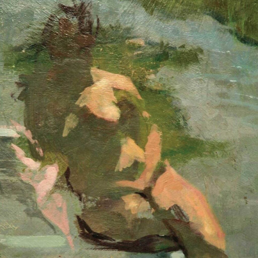 Figure by a River by Dean Fisher, Dyptych, Oil on panel, 30 x 30 inches
