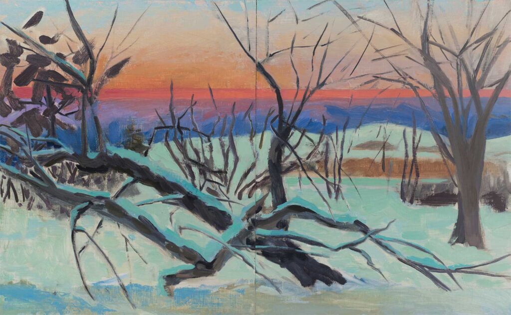 Wyoming, Winter, Fallen Tree and Orange Stripe Sunset by Amanda Millis
