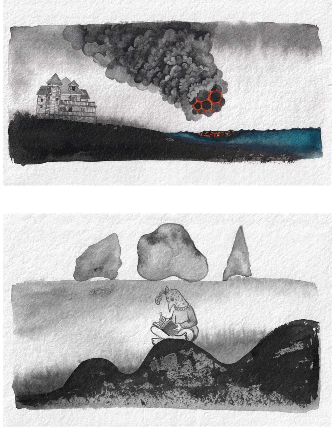 Julia Oldham's The Nightmare, (top) 2024 and Pigeon Child Sketching, (bottom) 2024