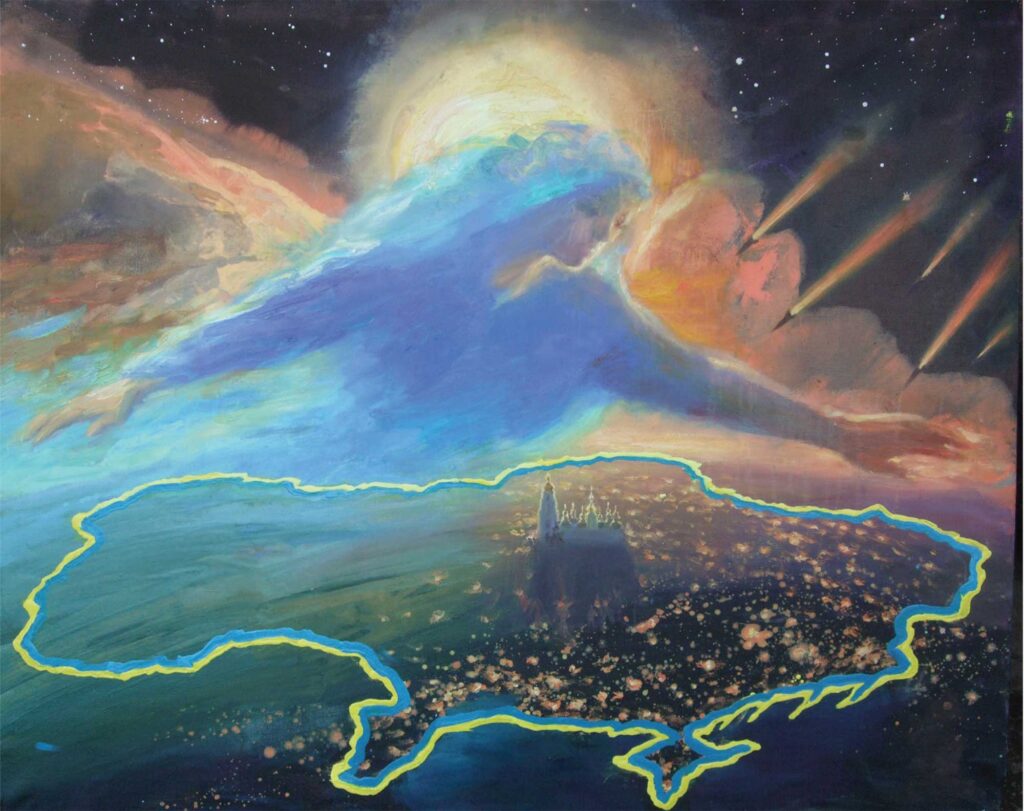 The Cover Of Oranta (Mother Goddess) Over Ukraine by Olena Samoilyk, 2023, Oil on canvas, 100 x 120 cm | 39.37 x 47.24 in. Courtesy of Kyiv Gallery kyiv.gallery/en