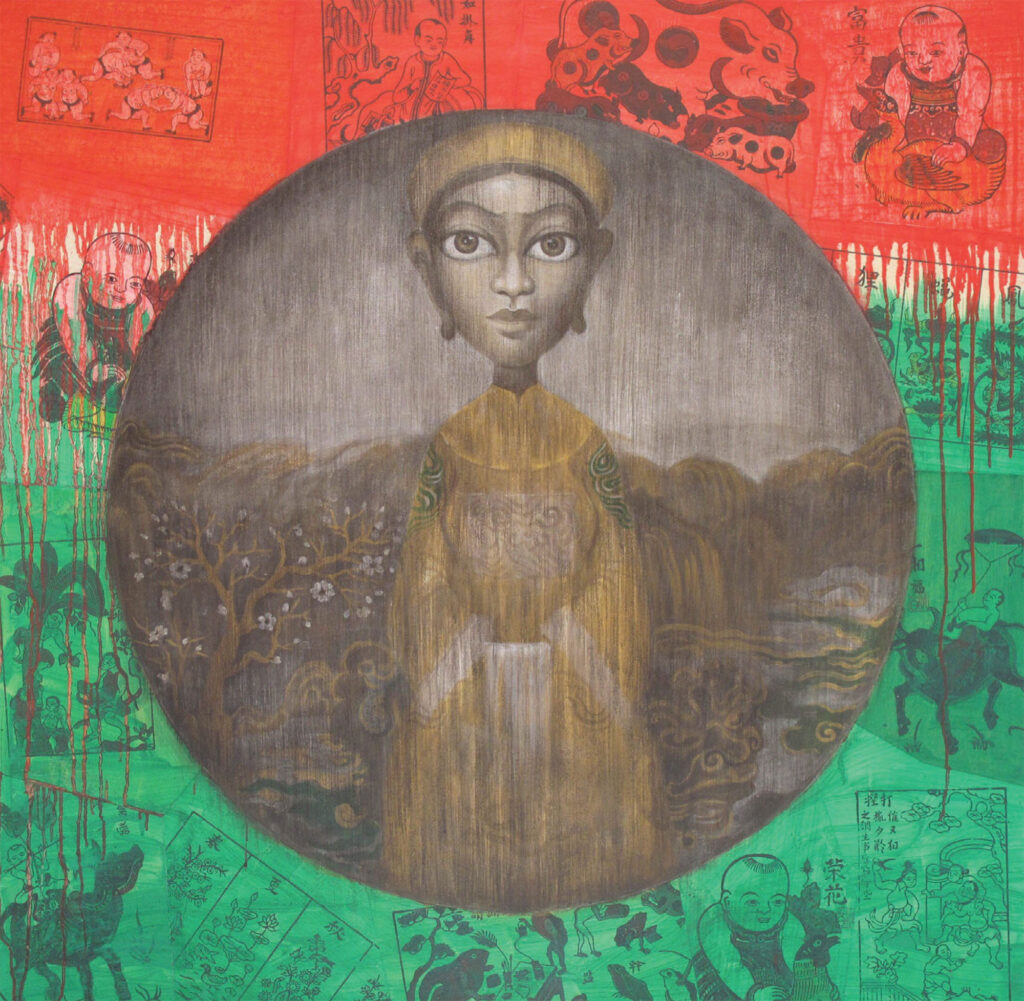 Abandoned By Heaven - Royal Descent by Bui Thanh Tam, Oil on Dong Ho folk paintings on canvas, 110 x 110 cm