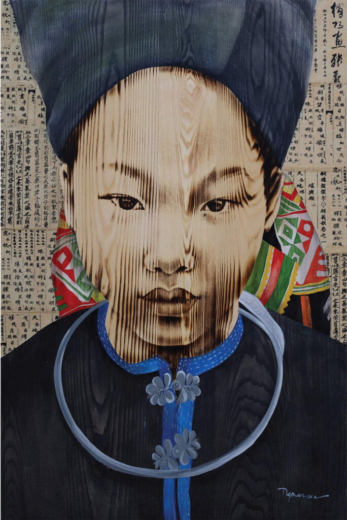 High Land Girl 5 by Ngo Van Sac, Wood burn and acrylic on wood, 120 x 80 cm