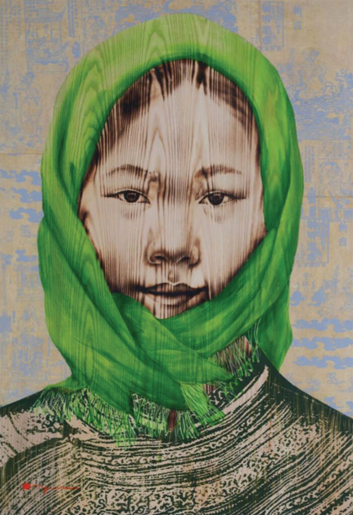 High Land Girl 3 by Ngo Van Sac, Wood burn and acrylic on wood, 116 x 80 cm